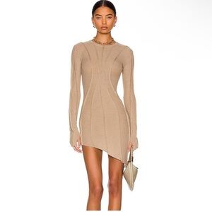 Sami Miro Vintage Taupe/Tan Asymmetric Long Sleeve Dress